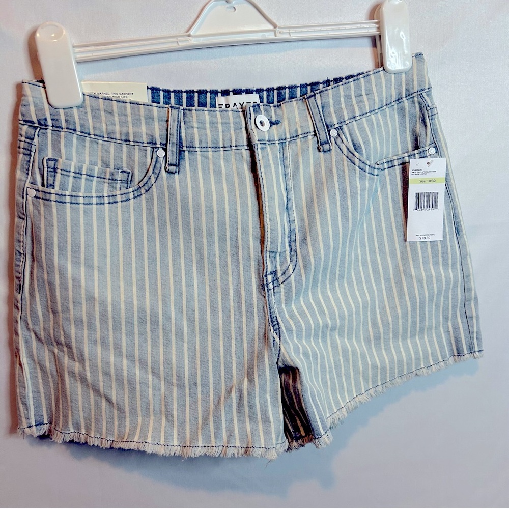 Frayed Denim Stripe High Rise Shorts